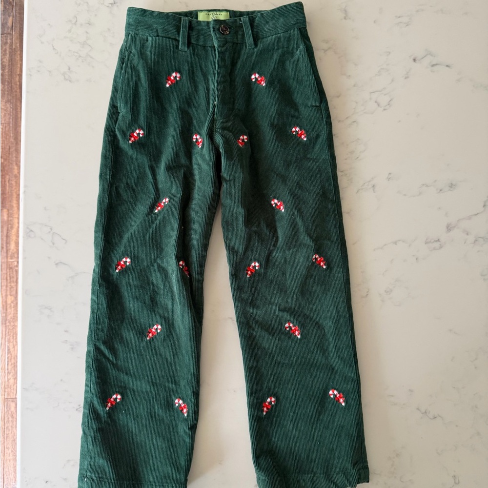 Castaway Dark Green Corduroy Pants with Red Candy Cane Embroidery